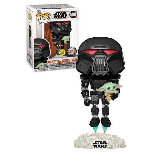 Funko POP! Star Wars The Mandalorian #488 Dark Trooper With Grogu (The Child aka Baby Yoda) Glows In The Dark - New, Mint Condition