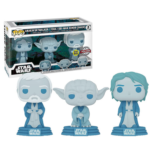 Funko POP! Star Wars Across The Galaxy #55624 Three Pack Anakin, Yoda & Obi-Wan Force Ghost (Glows In The Dark) - New, Mint Condition