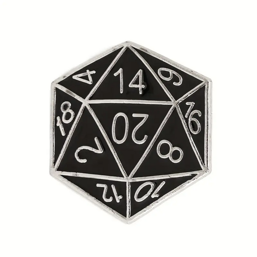 Natural D20 Dice Enamel Pin/Badge/Brooch - Gamers Fashion Accessory - Silver/Black - New, Sealed